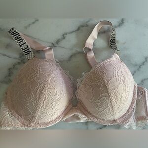 Victoria's Secret Pink Lace Bra 32C EUC push up with Underwire rhinestone